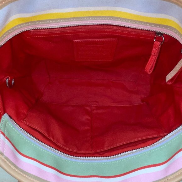 Coach Women’s Multicolor Canvas & Leather Striped With Daisy Charm Tote Bag Sz M - Picture 10 of 15